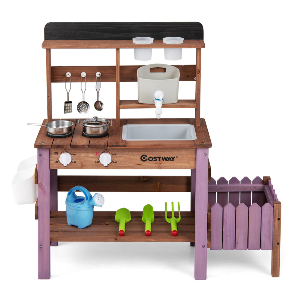 Wooden mud kitchen set in purple with working faucet, pots, tools, and planter box for immersive outdoor play.