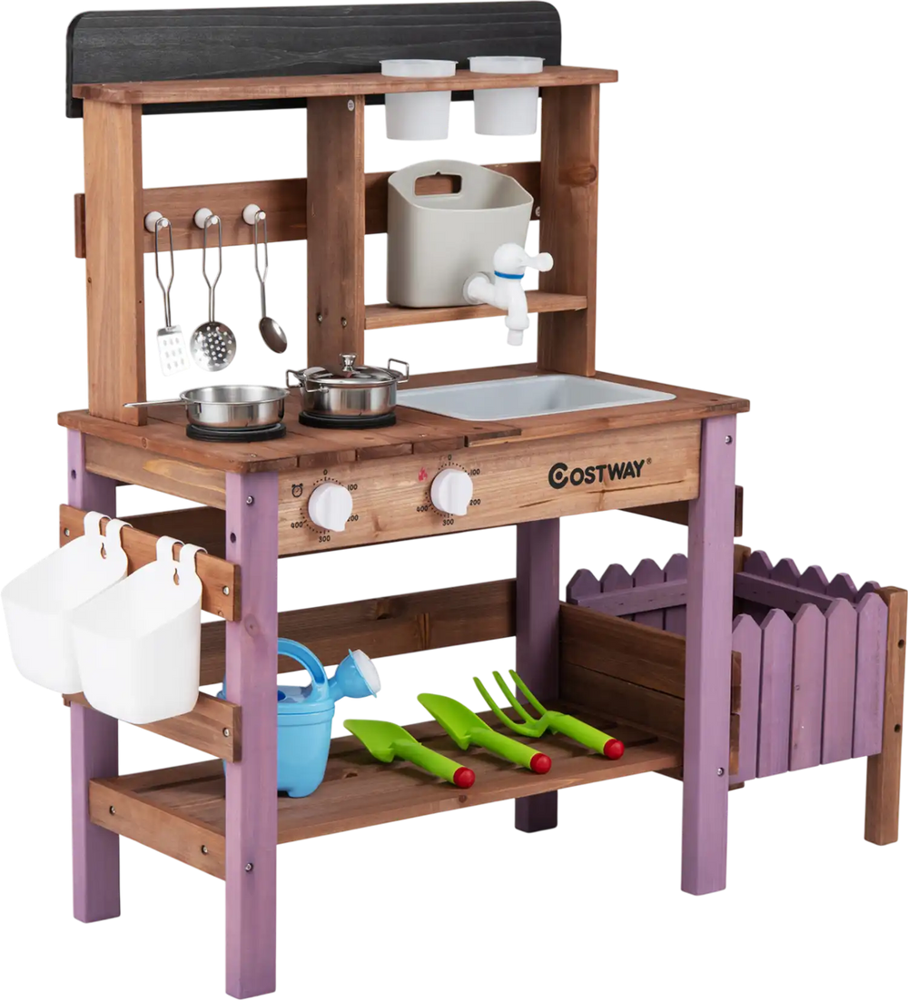 Wooden mud kitchen set in purple with running water faucet, pots, and gardening tools for immersive play.