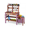 Wooden mud kitchen set in purple with working faucet, storage shelves, and side planter box for imaginative play.