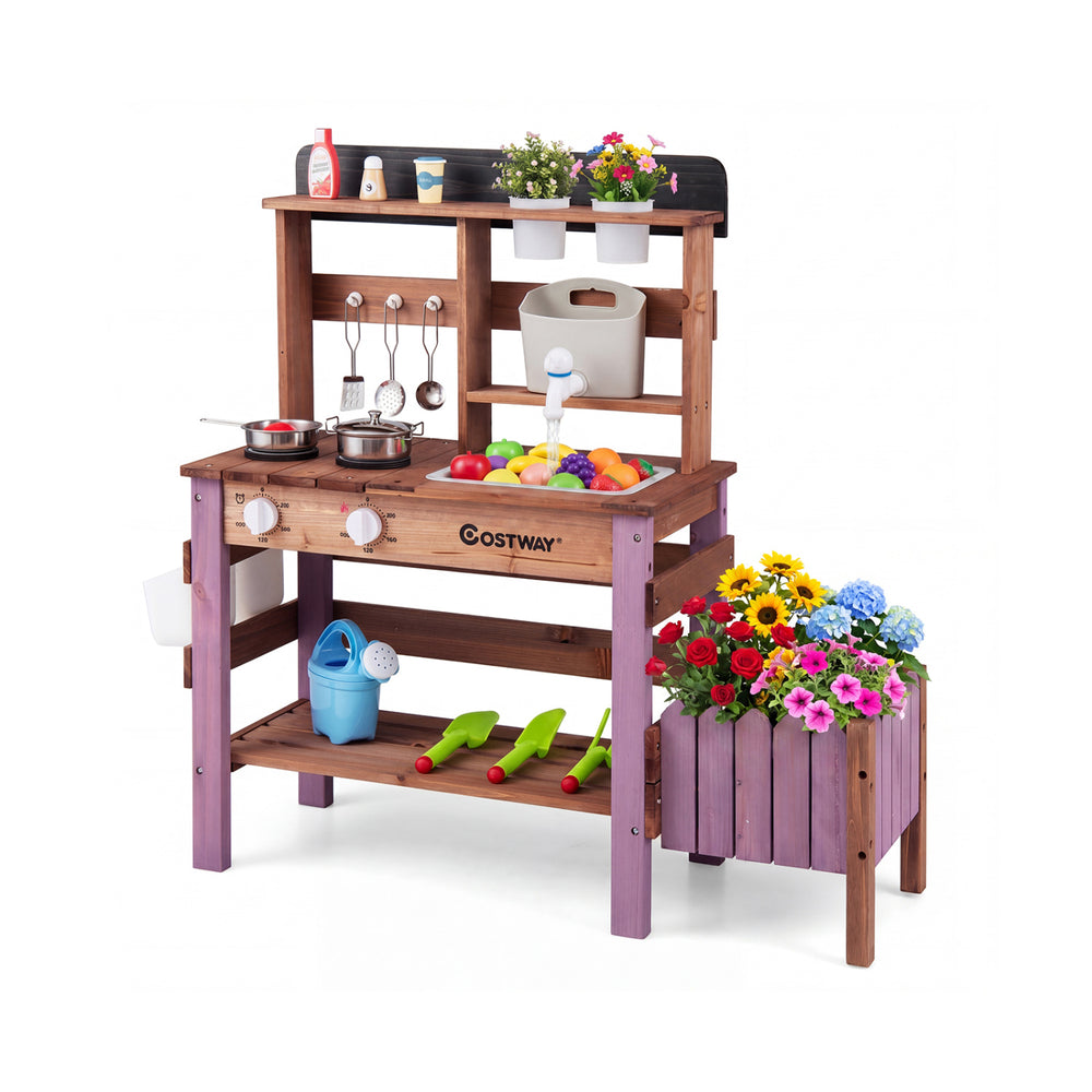 Wooden mud kitchen set in purple with working faucet, storage shelves, and side planter box for imaginative play.