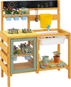 Wooden mud kitchen for toddlers featuring a sink with faucet, two stoves, and six removable planter pots for outdoor play.