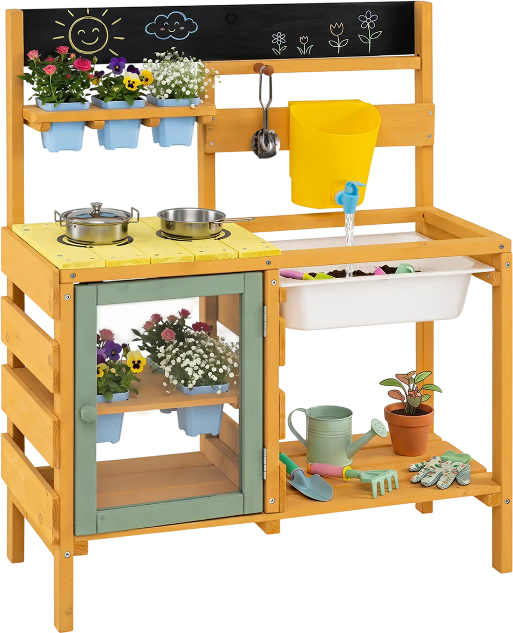 Wooden mud kitchen for toddlers featuring a sink with faucet, two stoves, and six removable planter pots for outdoor play.