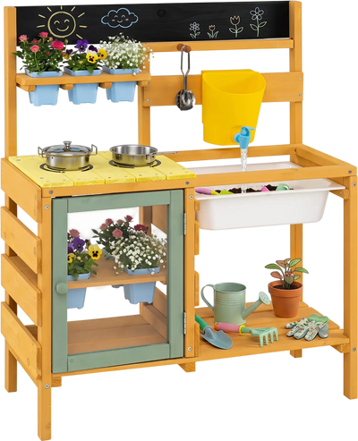 Costway Wooden Mud Kitchen w/ Faucet & Water Tank 90289921 New