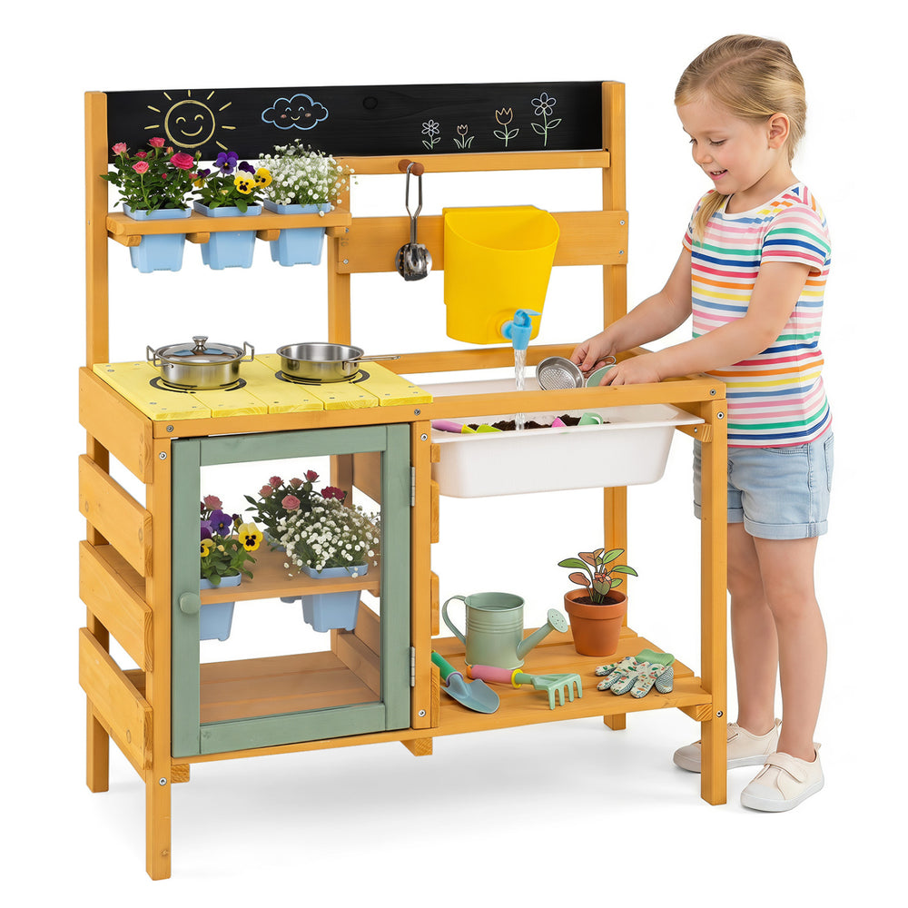 Wooden mud kitchen for toddlers features a sink with faucet, stoves, planter pots, and storage for outdoor play.