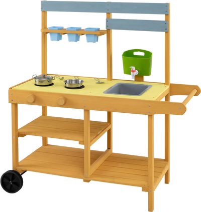 Costway Wooden Outdoor Mud Kitchen for Kids w/ Flowerpots & Wheels 69281184 New