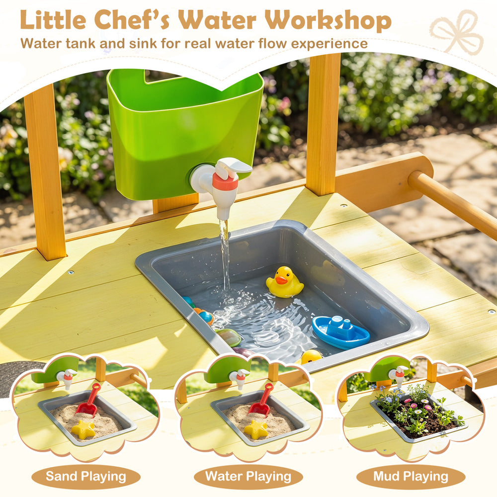 Wooden outdoor mud kitchen for kids featuring a water tank, sink, and detachable flowerpots for creative play.