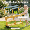Wooden outdoor mud kitchen for kids in yellow, featuring stoves, flowerpots, and smooth wheels for easy mobility.