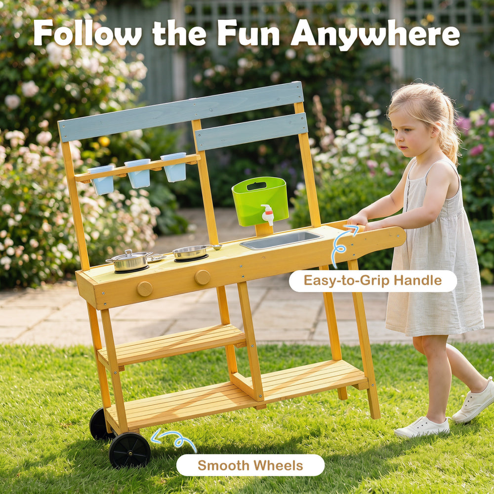 Wooden outdoor mud kitchen for kids in yellow, featuring stoves, flowerpots, and smooth wheels for easy mobility.