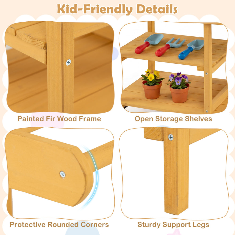 Wooden outdoor mud kitchen for kids in yellow with open storage shelves, flowerpots, and protective rounded corners.
