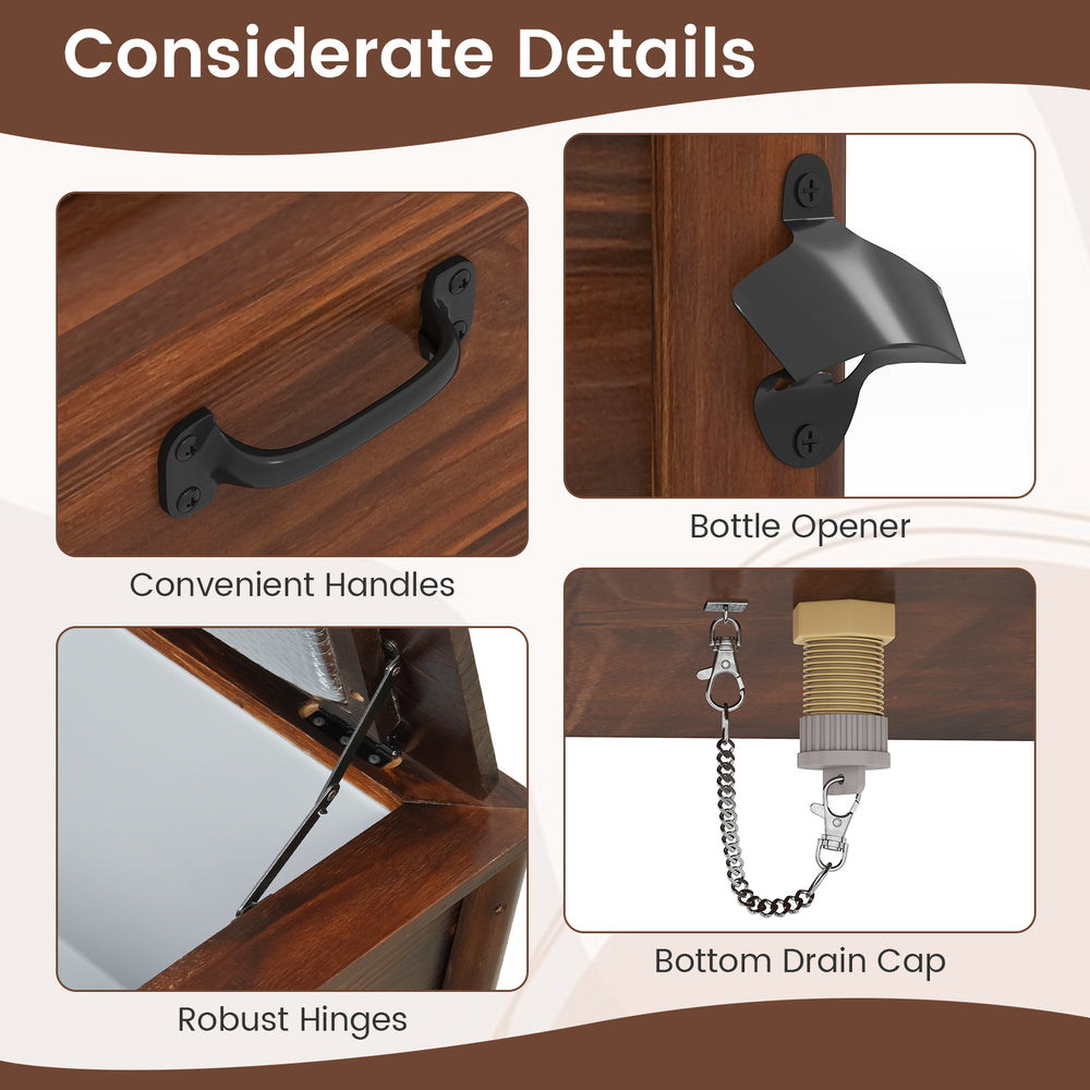 Close-up of the wooden patio cooler's bottle opener, handles, and drainage cap for easy access and maintenance.