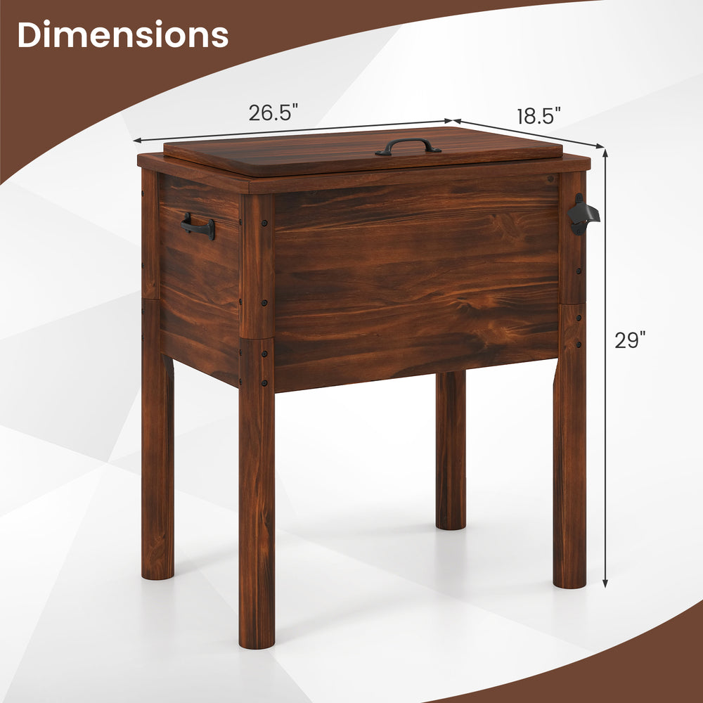 Wooden patio cooler with dimensions shown, featuring a solid pine wood frame and 54 qt capacity for outdoor gatherings.