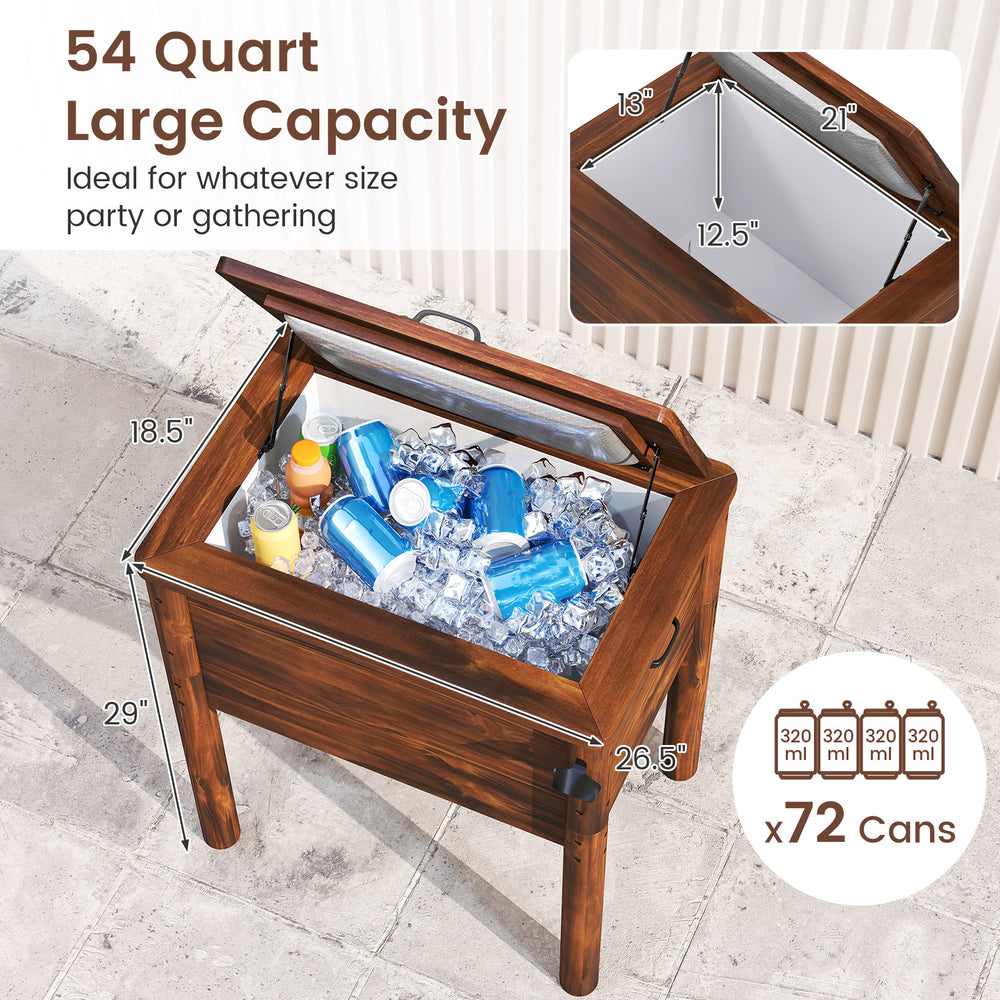 Wooden patio cooler with 54 qt capacity, brown finish, featuring 3 handles and a bottle opener, perfect for outdoor.
