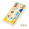 Wooden pinball machine with colorful flippers and spring launcher, includes 3 metal balls for family fun and skill.