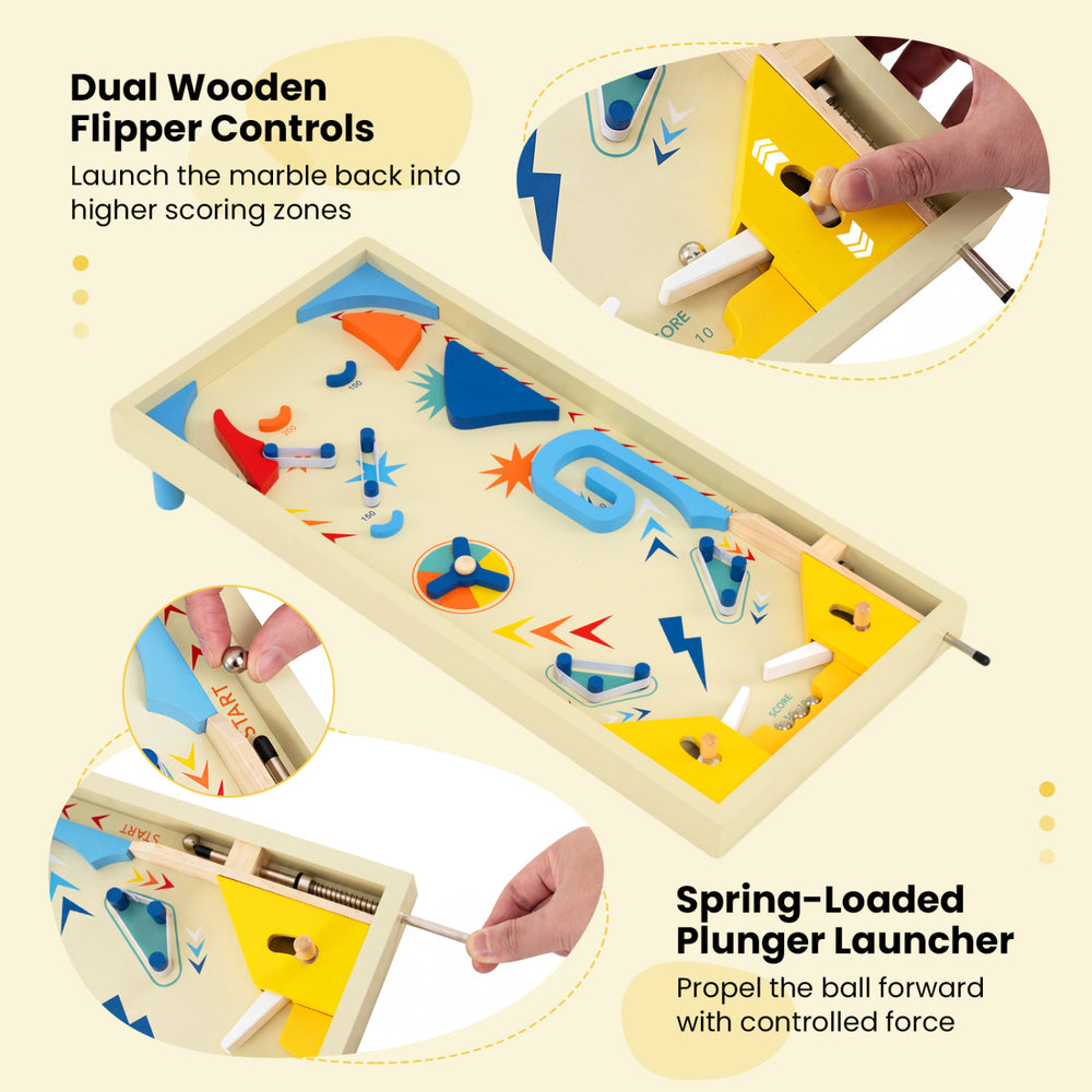 Wooden pinball machine with spring-loaded launcher and flipper controls, designed for kids and adults, promotes family.
