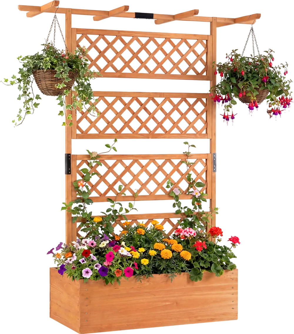 Wooden planter box with lattice trellis and flat roof, ideal for climbing plants and outdoor decoration.