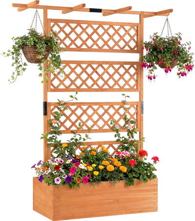 Costway Wooden Planter Box Lattice Trellis Raised Garden Bed Privacy Screen Flat Roof 87896853 New