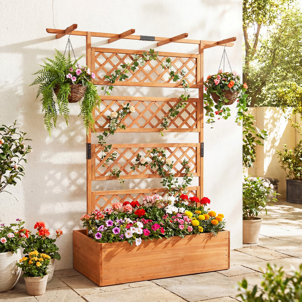 Wooden planter box with lattice trellis, flat roof, and vibrant flowers, ideal for outdoor gardening and privacy.