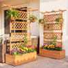 Wooden planter box with vibrant flowers and lattice trellis, providing vertical support and decorative privacy for.