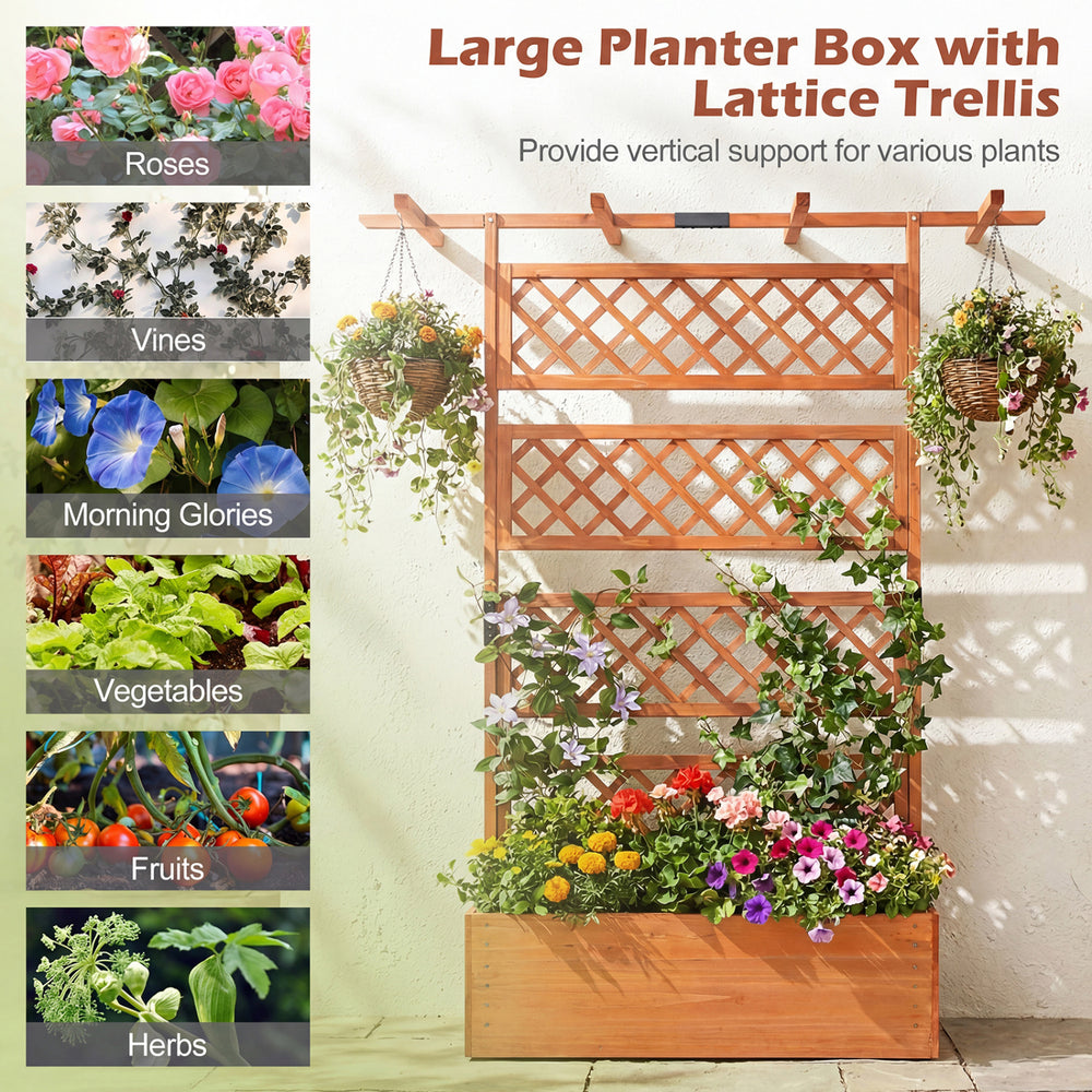 Large wooden planter box with lattice trellis for climbing plants, featuring a flat roof and natural fir construction.