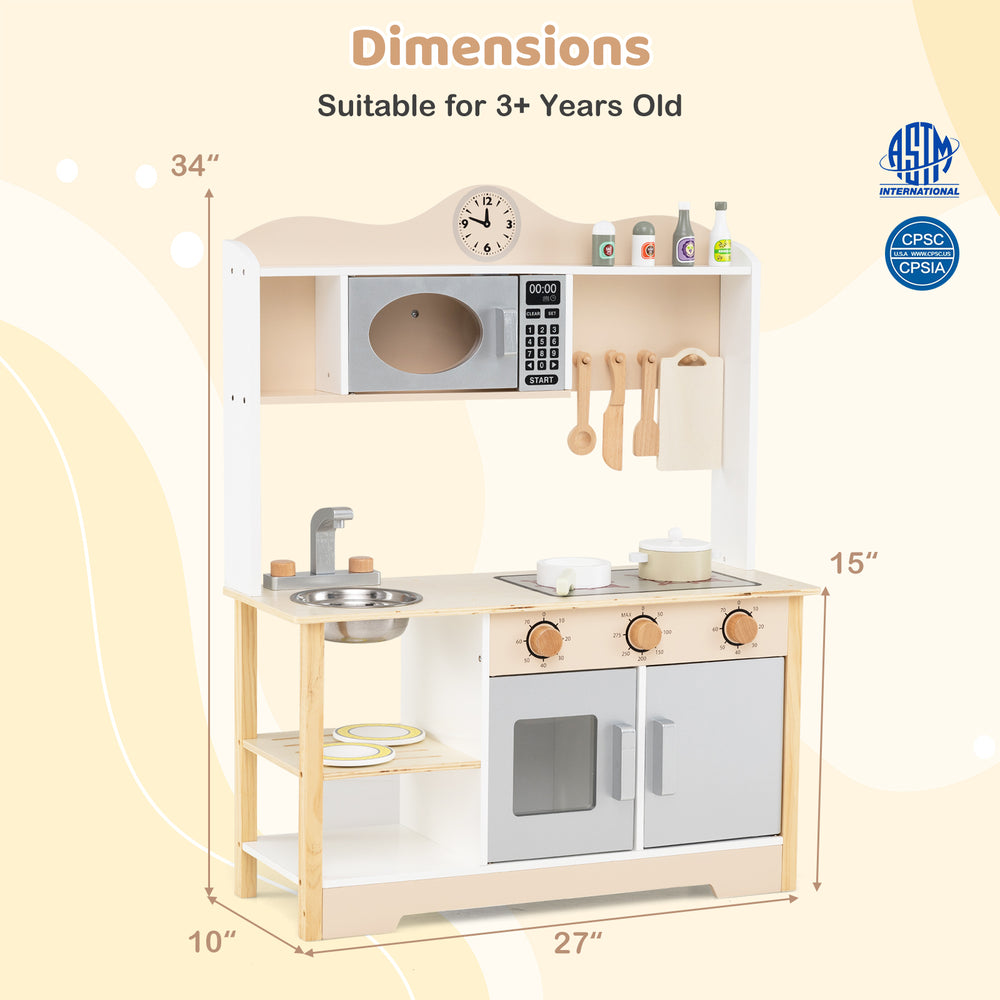 Wooden play kitchen cooking toy playset for kids in white, featuring realistic details and ample storage for.