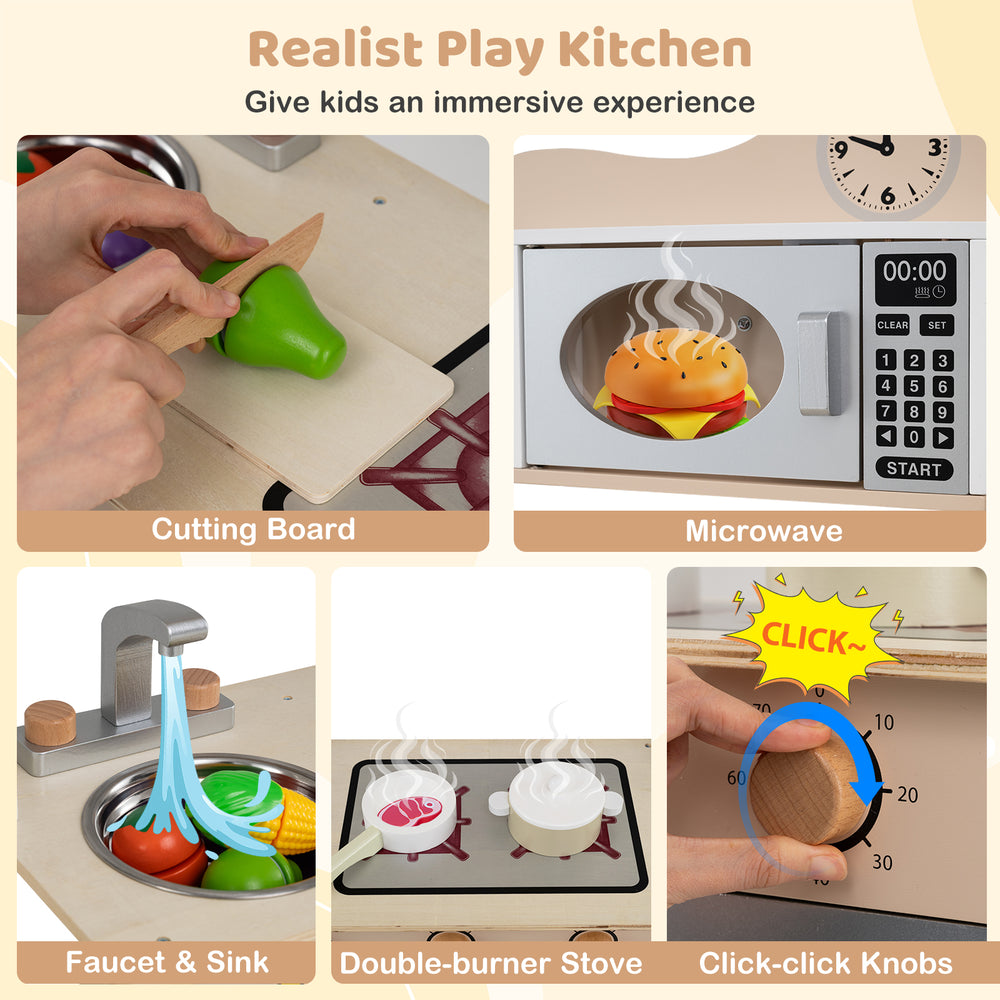 Wooden play kitchen set featuring a microwave, cutting board, and interactive click-click knobs for immersive play.