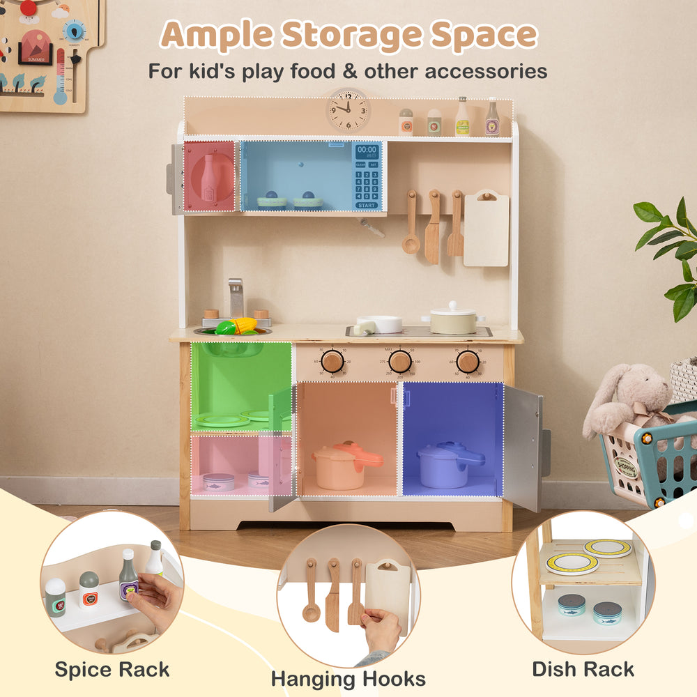 Wooden play kitchen cooking toy set for kids with ample storage, realistic details, and 13 accessories for interactive.