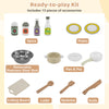 Wooden play kitchen cooking toy set with 13 accessories, including pots, plates, and utensils for interactive fun.