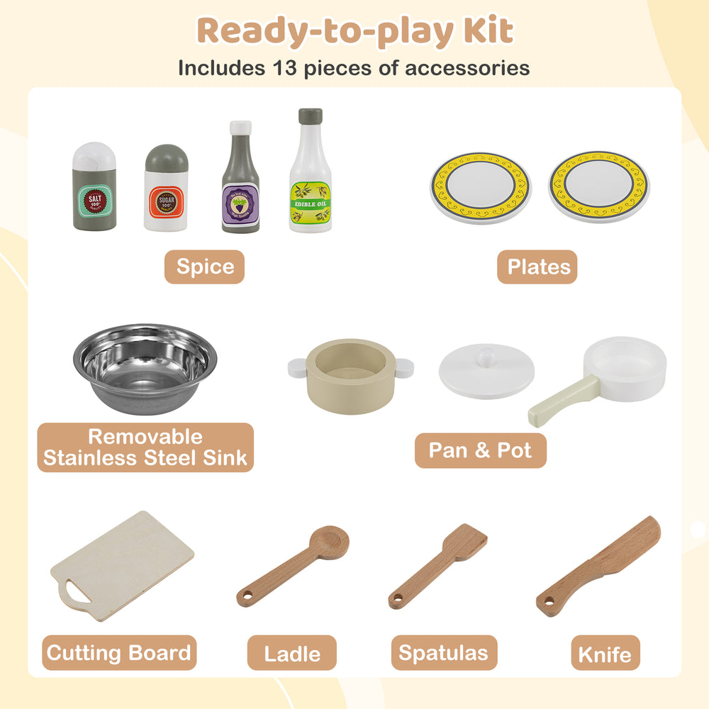 Wooden play kitchen cooking toy set with 13 accessories, including pots, plates, and utensils for interactive fun.
