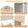 Wooden play kitchen cooking toy playset for kids featuring a simulated clock, magnetic door catches, and safe round.