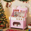 Wooden play kitchen for kids in pink with accessories, clock, and storage, perfect for imaginative pretend play.