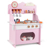 Wooden play kitchen set in pink with clock, accessories, and storage for imaginative pretend play for kids aged 3+.