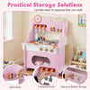 Wooden play kitchen set in pink with clock, spice rack, and storage for kids' imaginative pretend play.