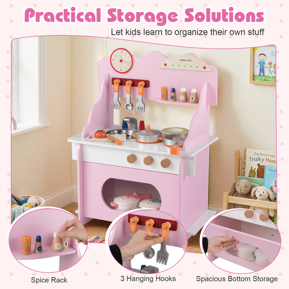 Wooden play kitchen set in pink with clock, spice rack, and storage for kids' imaginative pretend play.