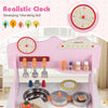 Wooden play kitchen set in pink featuring a realistic clock, enhancing time-telling skills for imaginative pretend play.