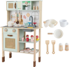 Wooden play kitchen for kids in retro green with lights, sounds, and accessories for imaginative cooking play.
