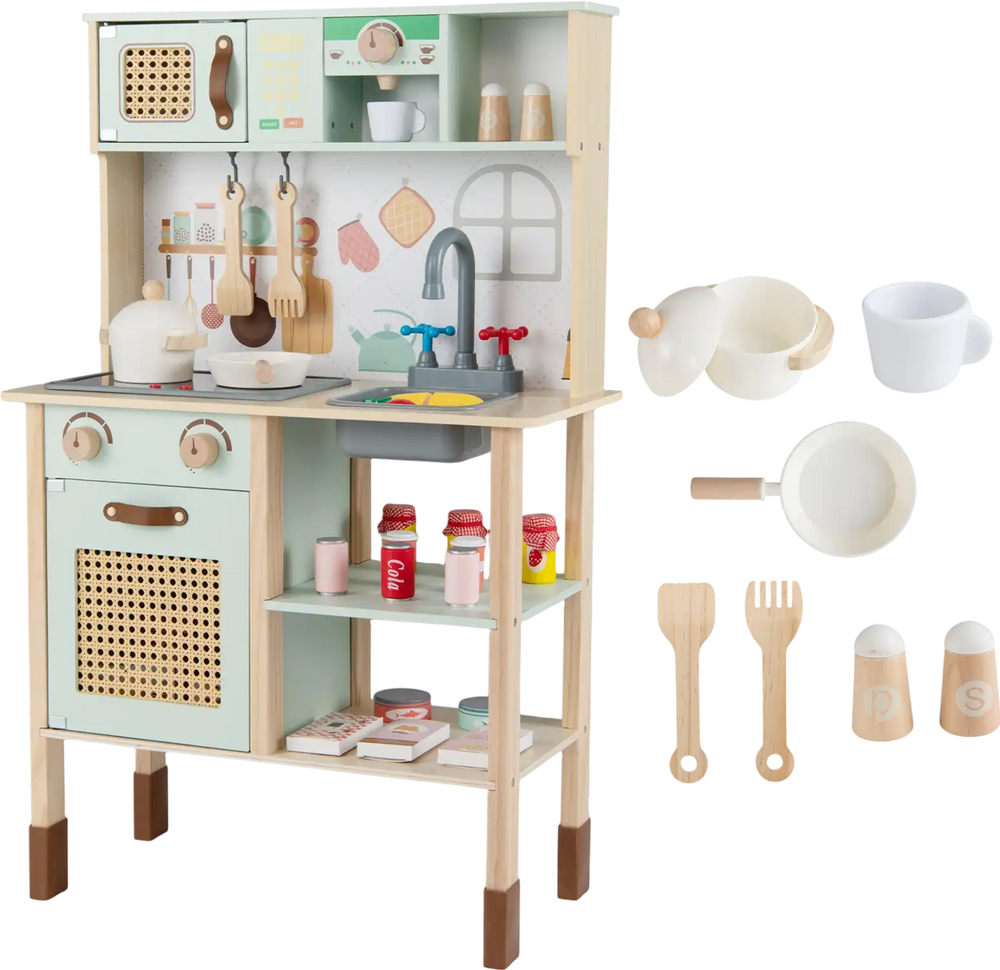 Wooden play kitchen for kids in retro green with lights, sounds, and accessories for imaginative cooking play.