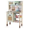 Wooden play kitchen for kids in retro green style with lights, sounds, and accessories for imaginative cooking play.