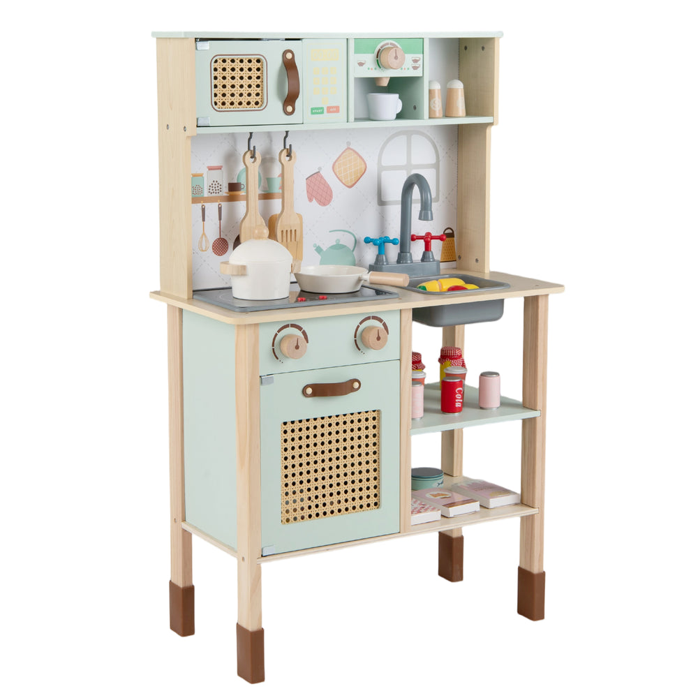 Wooden play kitchen for kids in retro green, showcasing a baking oven with rotary knobs for interactive cooking fun.