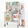 Wooden play kitchen for kids in retro green style, featuring lights, sounds, and various accessories for imaginative.