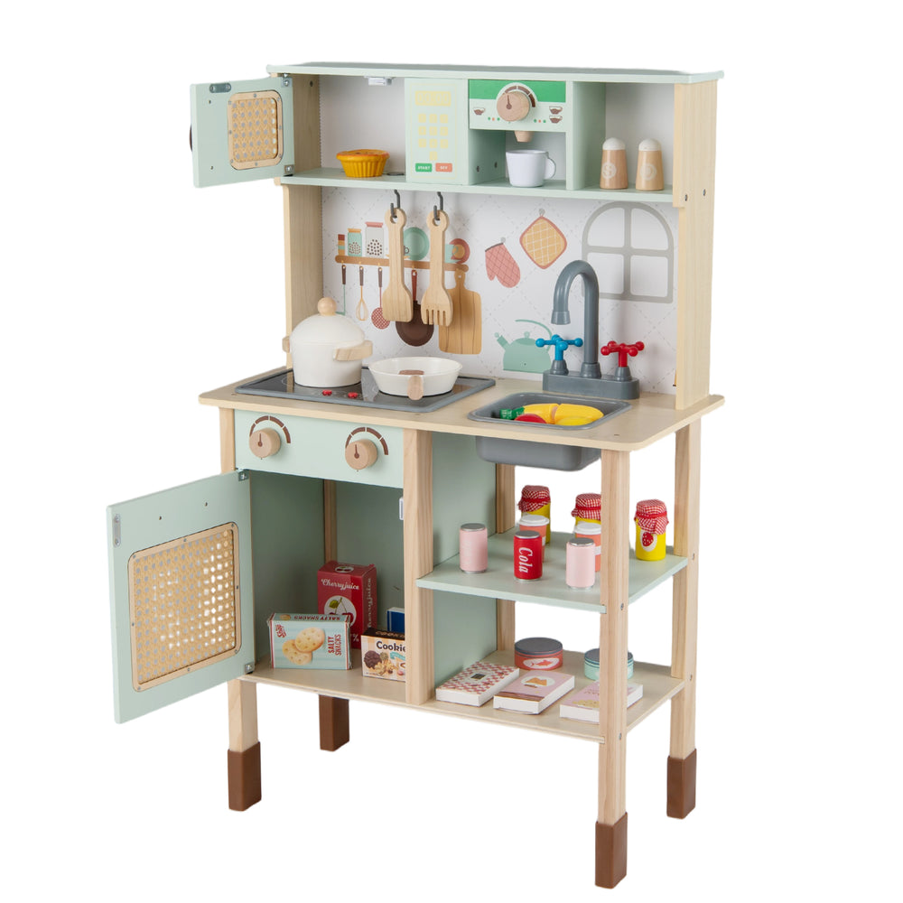 Wooden play kitchen for kids in retro style with accessories, featuring lights, sounds, and storage for imaginative.