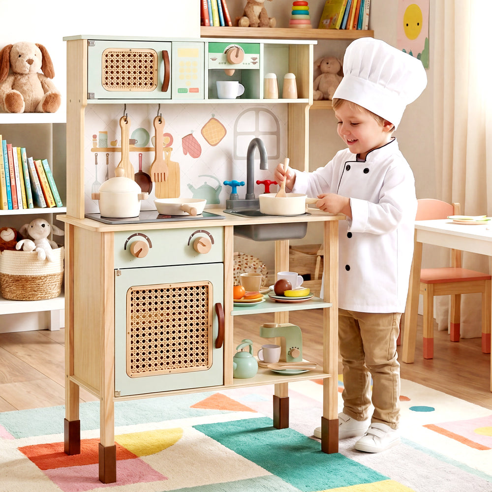 Wooden play kitchen for kids in retro green, showcasing a child chef using the sink and cooking tools for imaginative.