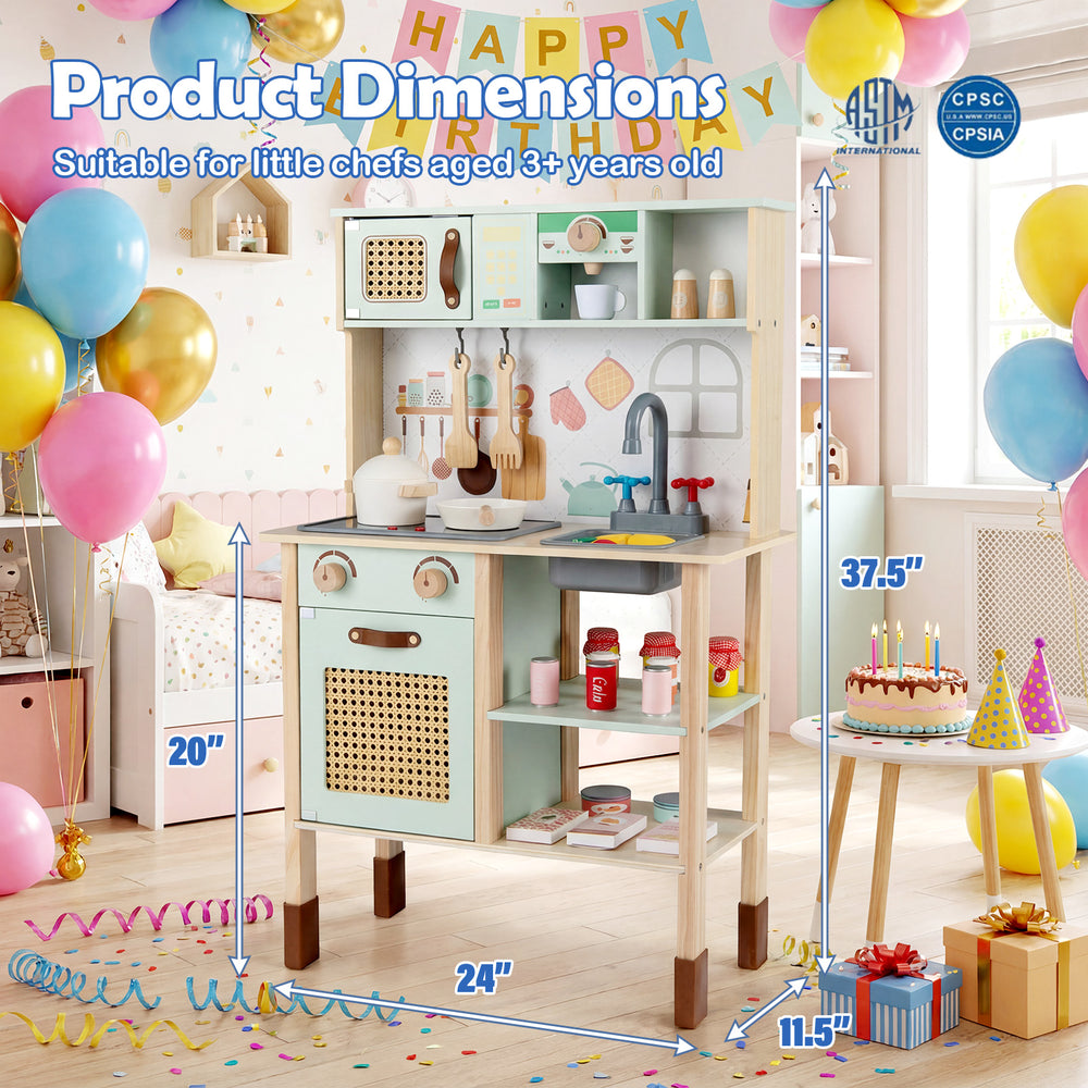 Wooden play kitchen for kids in retro style with lights and sounds, featuring storage and interactive accessories.