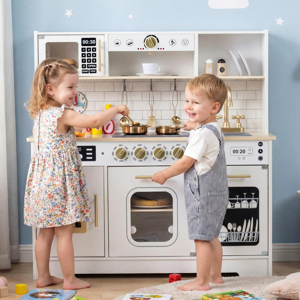 Wooden play kitchen for kids featuring realistic lights and sounds, with stoves, sink, and accessories for imaginative.