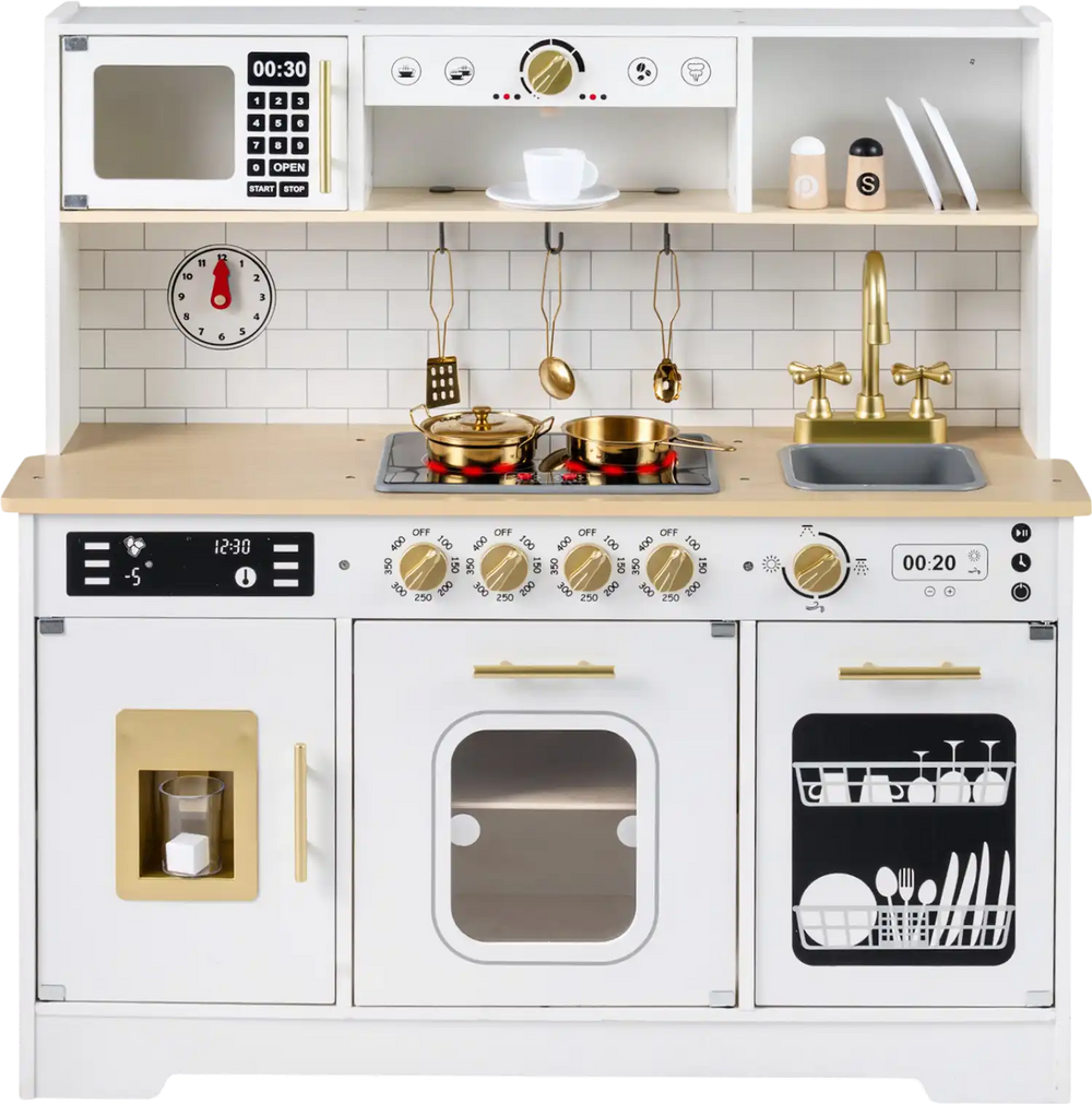 Wooden play kitchen for kids featuring realistic lights, sounds, and various appliances for imaginative play.