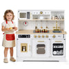 Wooden play kitchen for kids in white with realistic lights, sounds, and accessories for imaginative play.