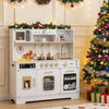Wooden play kitchen for kids in white with realistic lights, sounds, and multiple appliances for imaginative play.