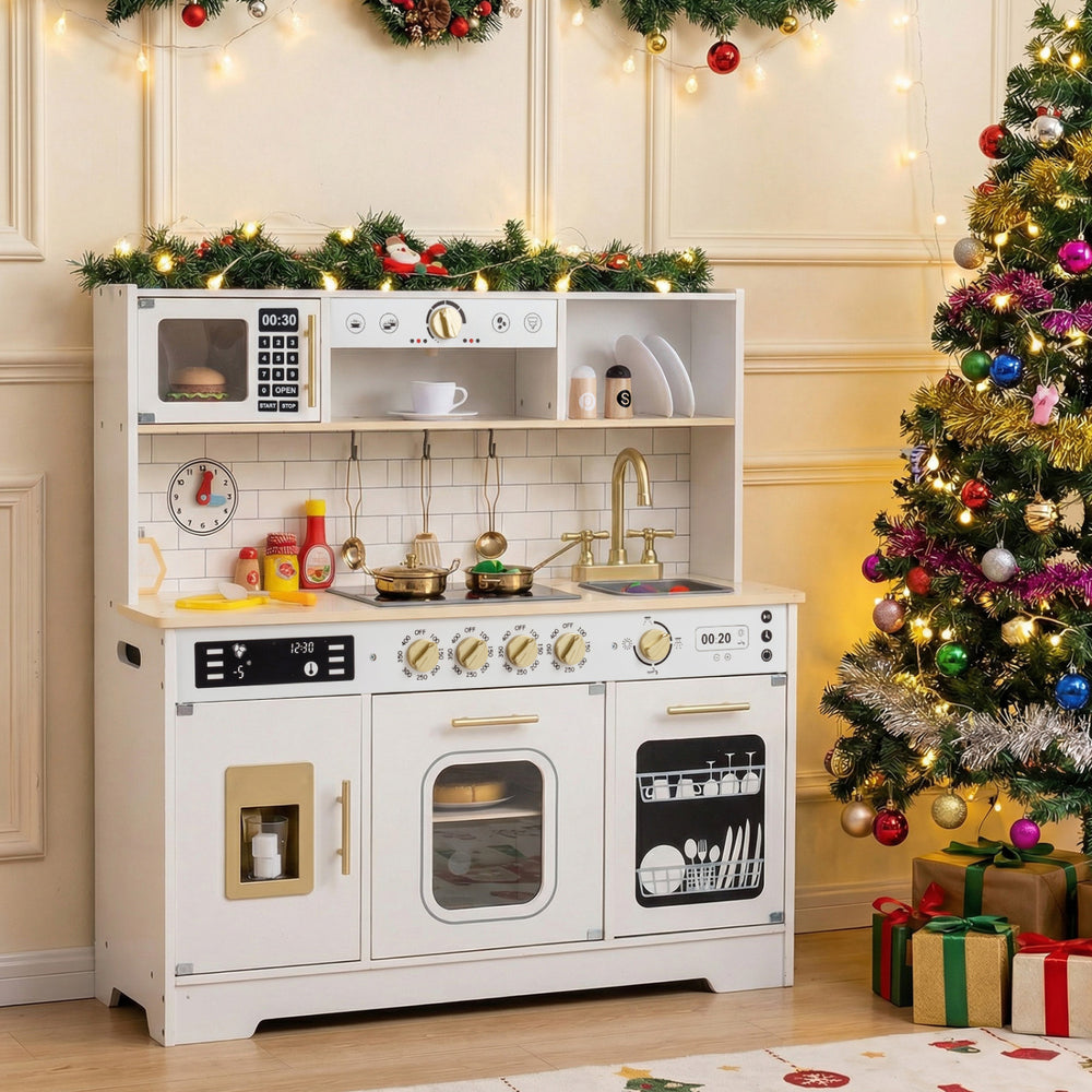 Wooden play kitchen for kids in white with realistic lights, sounds, and multiple appliances for imaginative play.