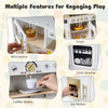 Wooden play kitchen for kids featuring a microwave, coffee maker, and oven with realistic lights and sounds for.