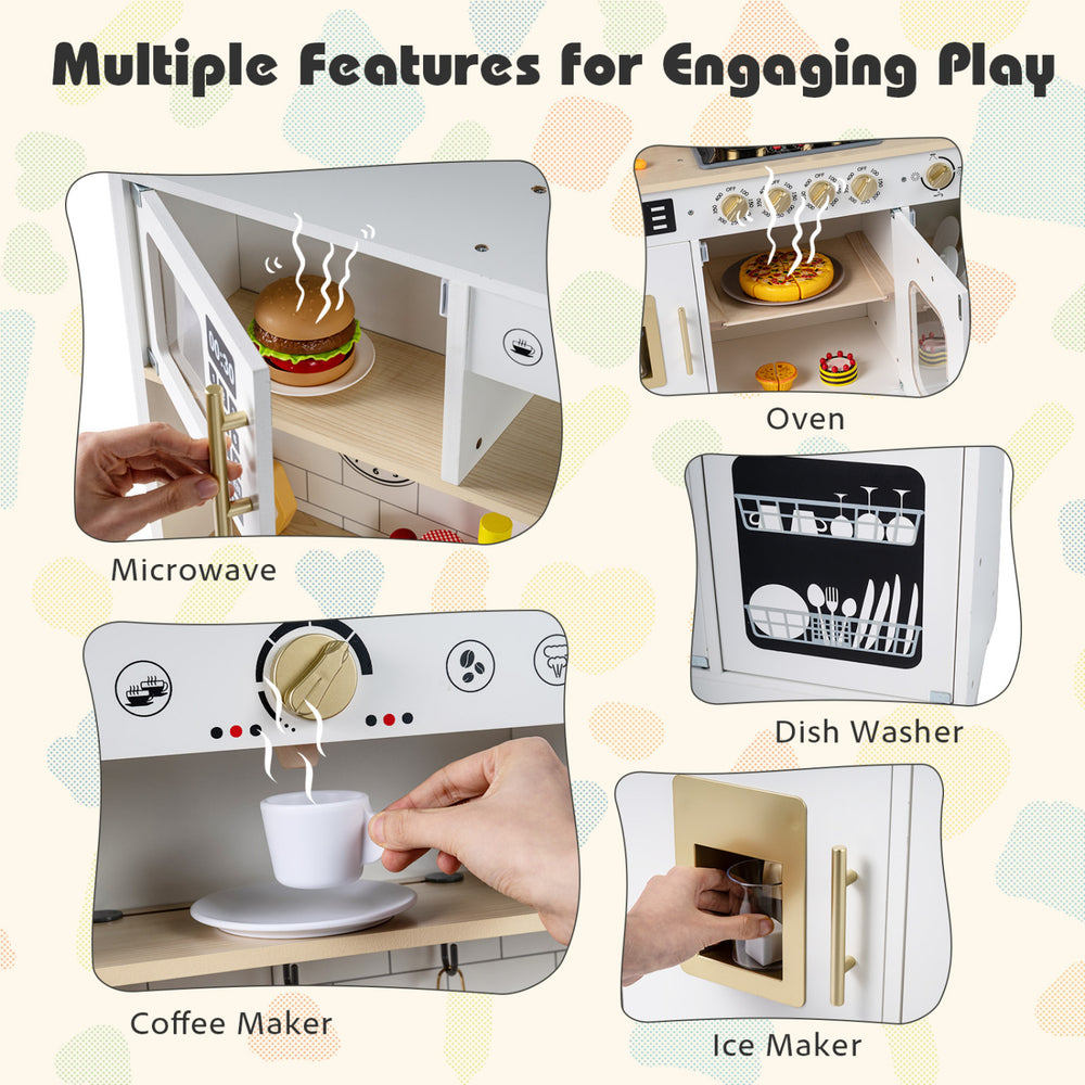 Wooden play kitchen for kids featuring a microwave, coffee maker, and oven with realistic lights and sounds for.