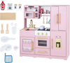 Wooden play kitchen set in pink and white features realistic lights, sounds, and multiple interactive play zones for kids.